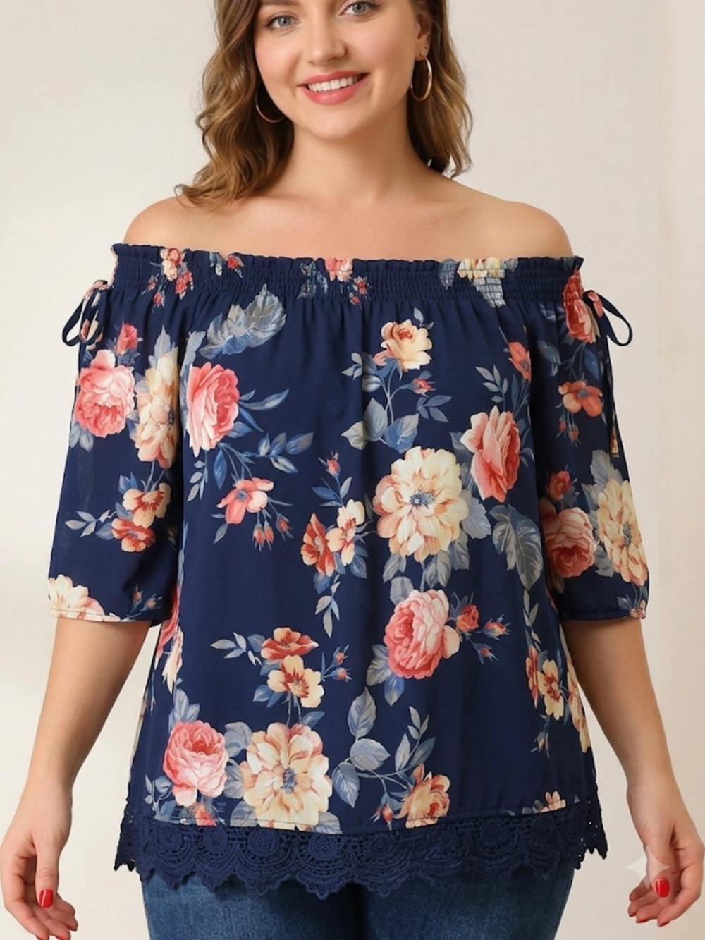 IZ BEYER Navy Floral Off-Shoulder Blouse spaghetti straps not shown NWOT medium
